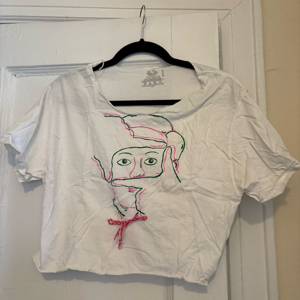 White Crop Top with Abstract Face Design